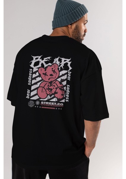 Bear Sadness Arka Baskılı Siyah Oversize T-Shirt Erkek Kadın Bisiklet Yaka fiyatları
