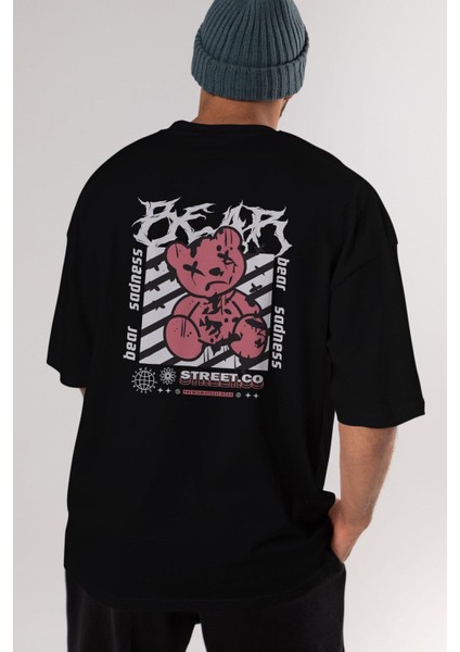 Bear Sadness Arka Baskılı Siyah Oversize T-Shirt Erkek Kadın Bisiklet Yaka fırsatları