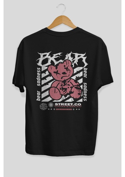 Bear Sadness Arka Baskılı Siyah Oversize T-Shirt Erkek Kadın Bisiklet Yaka indirimleri