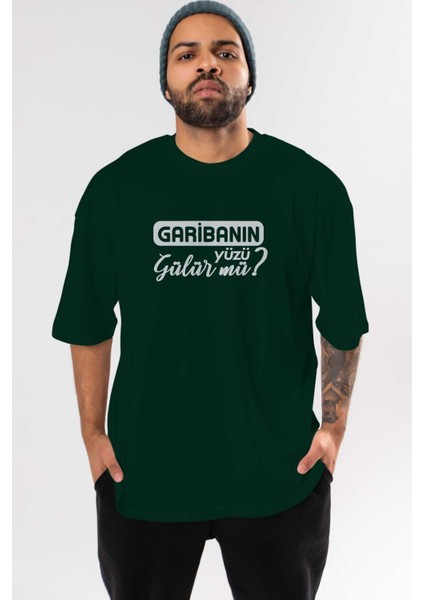 Garibanın Yüzü Gülür Mü Ön Baskılı Zümrüt Yeşili Oversize T-Shirt Erkek Kadın Bisiklet Yaka