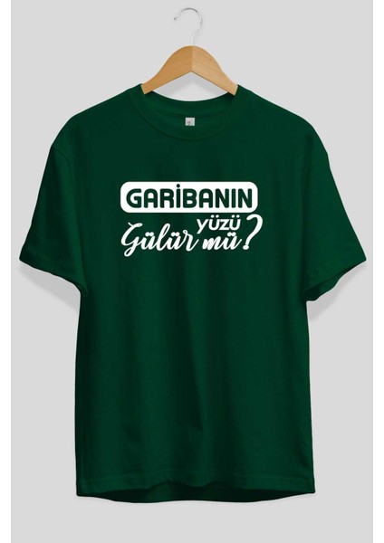 Garibanın Yüzü Gülür Mü Ön Baskılı Zümrüt Yeşili Oversize T-Shirt Erkek Kadın Bisiklet Yaka