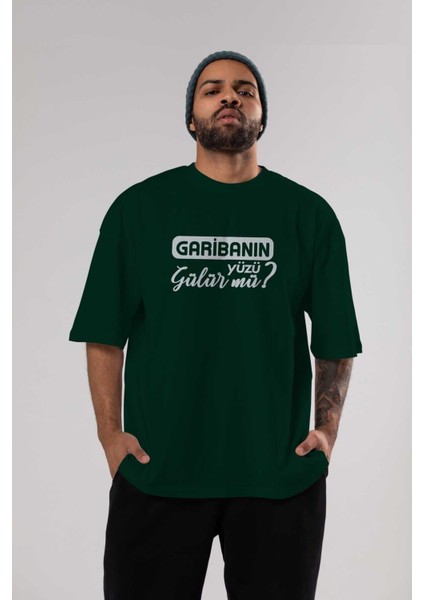 Garibanın Yüzü Gülür Mü Ön Baskılı Zümrüt Yeşili Oversize T-Shirt Erkek Kadın Bisiklet Yaka