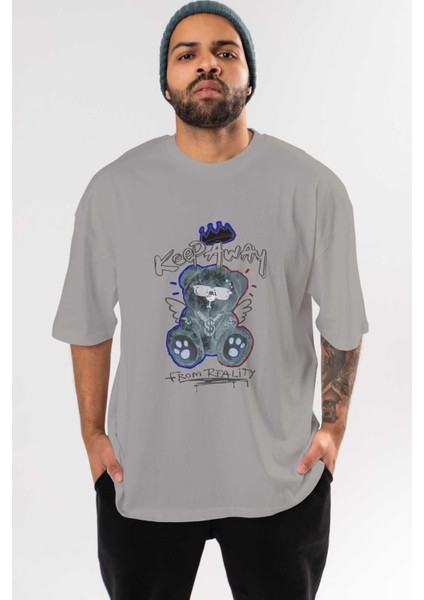 Keep Away Bear Ön Baskılı Gri Oversize T-Shirt Unisex Erkek Kadın Bisiklet Yaka