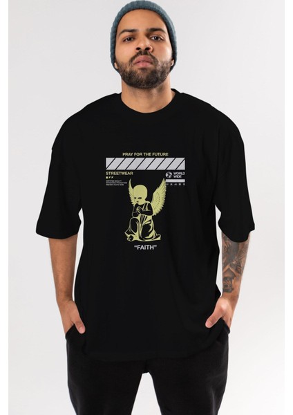 Pray For The Future Ön Baskılı Siyah Oversize T-Shirt Erkek Kadın Bisiklet Yaka