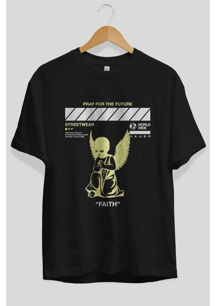 Pray For The Future Ön Baskılı Siyah Oversize T-Shirt Erkek Kadın Bisiklet Yaka
