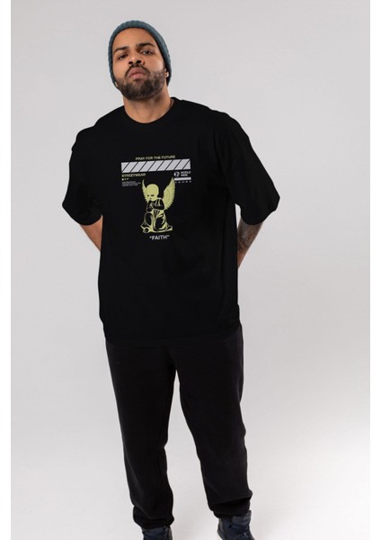 Pray For The Future Ön Baskılı Siyah Oversize T-Shirt Erkek Kadın Bisiklet Yaka