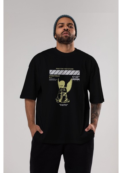 Pray For The Future Ön Baskılı Siyah Oversize T-Shirt Erkek Kadın Bisiklet Yaka