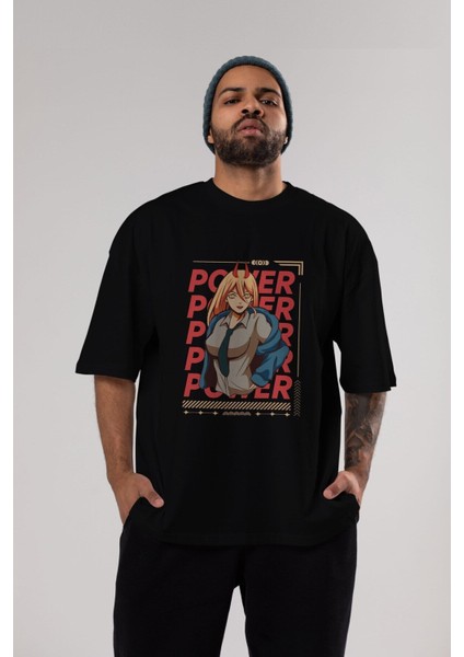 Power Ön Baskılı Siyah Oversize T-Shirt Erkek Kadın Bisiklet Yaka fiyatları