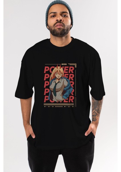 Power Ön Baskılı Siyah Oversize T-Shirt Erkek Kadın Bisiklet Yaka indirimleri
