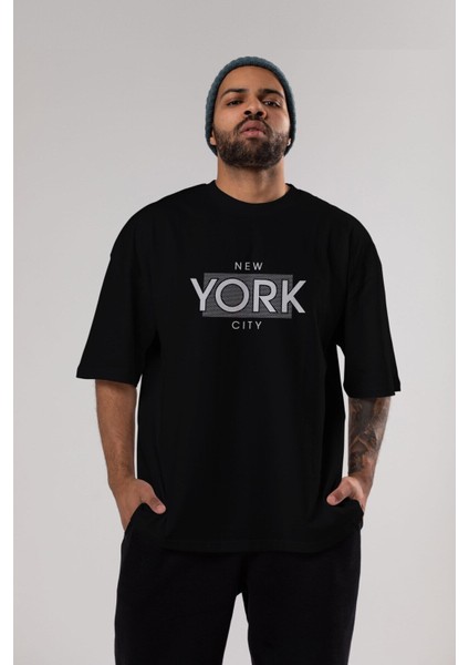 New York City Yazılı Ön Baskılı Siyah Oversize T-Shirt Erkek Kadın Bisiklet Yaka
