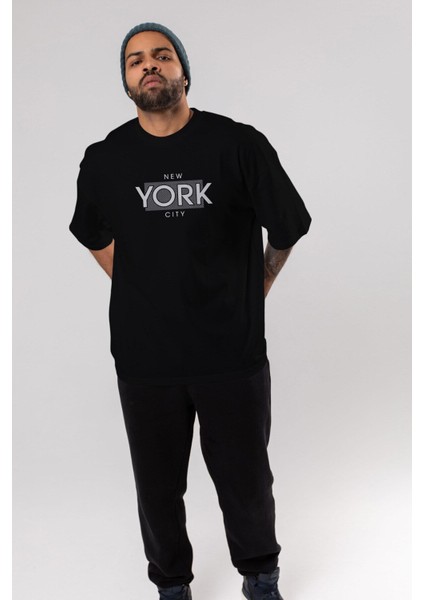 New York City Yazılı Ön Baskılı Siyah Oversize T-Shirt Erkek Kadın Bisiklet Yaka indirimleri
