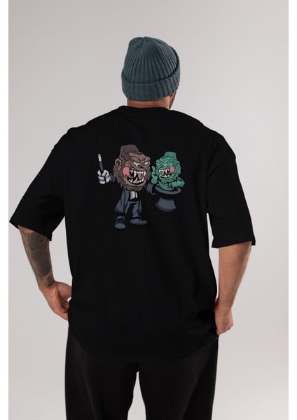 Gorilla Magician Arka Baskılı Siyah Oversize T-Shirt Erkek Kadın Bisiklet Yaka fiyatları