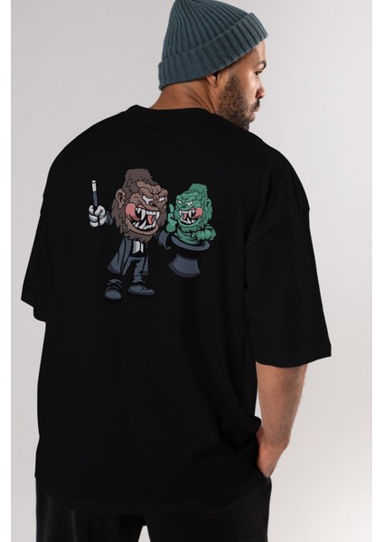 Gorilla Magician Arka Baskılı Siyah Oversize T-Shirt Erkek Kadın Bisiklet Yaka fırsatları