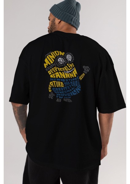 Minion Arka Baskılı Siyah Oversize T-Shirt Erkek Kadın Bisiklet Yaka
