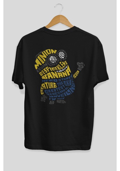 Minion Arka Baskılı Siyah Oversize T-Shirt Erkek Kadın Bisiklet Yaka fiyatları