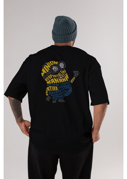 Minion Arka Baskılı Siyah Oversize T-Shirt Erkek Kadın Bisiklet Yaka modelleri