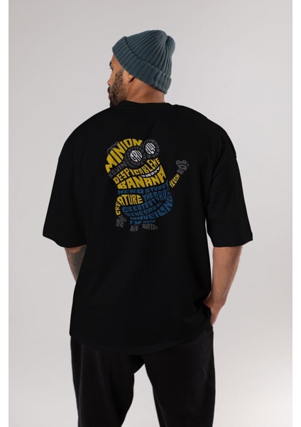 Minion Arka Baskılı Siyah Oversize T-Shirt Erkek Kadın Bisiklet Yaka indirimleri