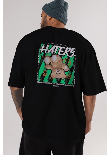 Haters Bear Arka Baskılı Siyah Oversize T-Shirt Erkek Kadın Bisiklet Yaka fiyatları