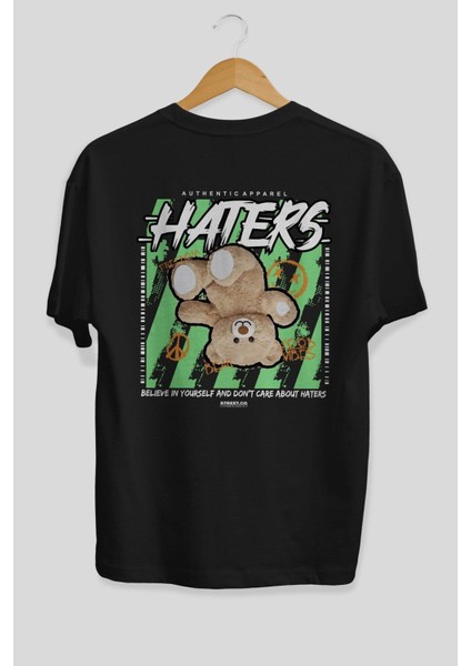 Haters Bear Arka Baskılı Siyah Oversize T-Shirt Erkek Kadın Bisiklet Yaka modelleri