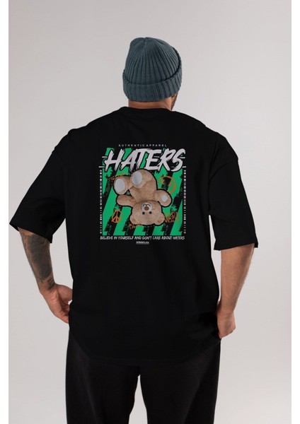 Haters Bear Arka Baskılı Siyah Oversize T-Shirt Erkek Kadın Bisiklet Yaka indirimleri