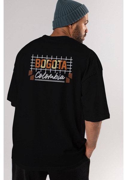 Bogota Arka Baskılı Siyah Oversize T-Shirt Erkek Kadın Bisiklet Yaka modelleri