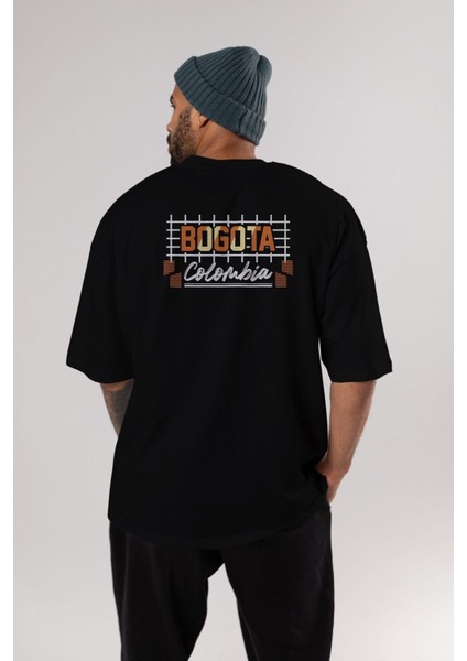 Bogota Arka Baskılı Siyah Oversize T-Shirt Erkek Kadın Bisiklet Yaka fırsatları