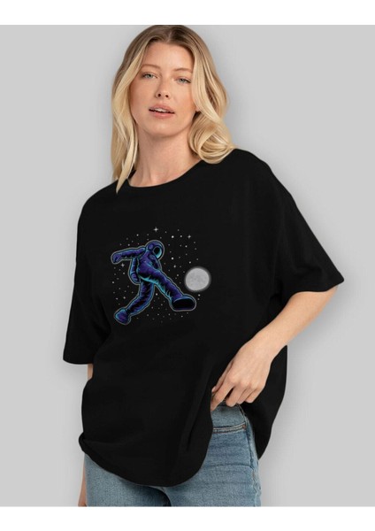 Astroball In Space Ön Baskılı Siyah Oversize T-Shirt Erkek Kadın Bisiklet Yaka indirimleri