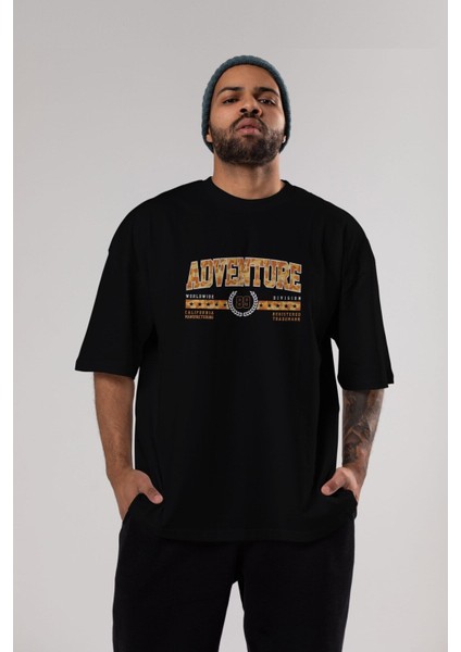 Adventure Ön Baskılı Siyah Oversize T-Shirt Erkek Kadın Bisiklet Yaka