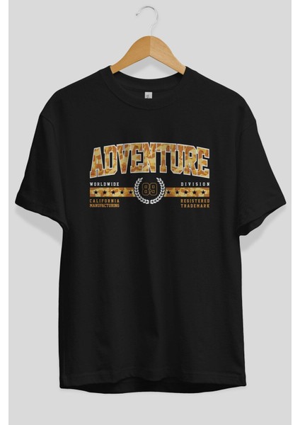 Adventure Ön Baskılı Siyah Oversize T-Shirt Erkek Kadın Bisiklet Yaka fiyatları