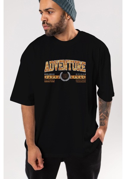 Adventure Ön Baskılı Siyah Oversize T-Shirt Erkek Kadın Bisiklet Yaka modelleri