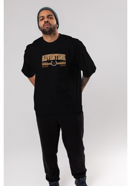 Adventure Ön Baskılı Siyah Oversize T-Shirt Erkek Kadın Bisiklet Yaka fırsatları