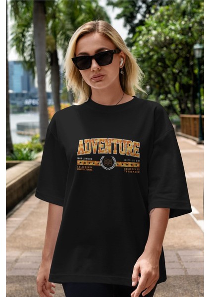 Adventure Ön Baskılı Siyah Oversize T-Shirt Erkek Kadın Bisiklet Yaka indirimleri