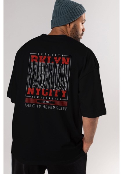 Brooklyn New York City Arka Baskılı Siyah Oversize T-Shirt Erkek Kadın Bisiklet Yaka fırsatları