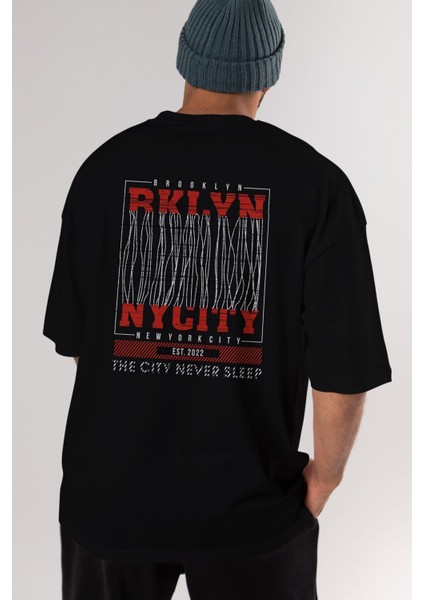 Brooklyn New York City Arka Baskılı Siyah Oversize T-Shirt Erkek Kadın Bisiklet Yaka indirimleri