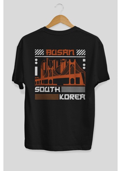 Busan Arka Baskılı Siyah Oversize T-Shirt Erkek Kadın Bisiklet Yaka fiyatları