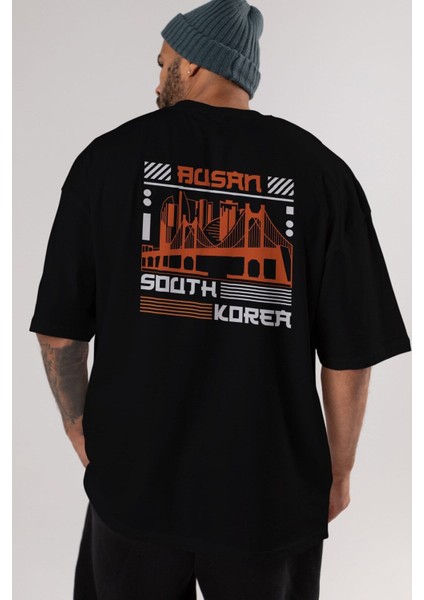 Busan Arka Baskılı Siyah Oversize T-Shirt Erkek Kadın Bisiklet Yaka modelleri