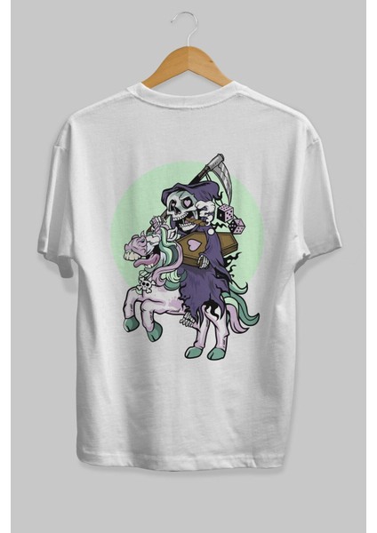 Grim Reaper Riding Arka Baskılı Beyaz Oversize T-Shirt Erkek Kadın Bisiklet Yaka modelleri