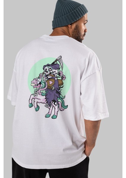 Grim Reaper Riding Arka Baskılı Beyaz Oversize T-Shirt Erkek Kadın Bisiklet Yaka indirimleri