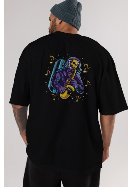 Astroskull Saxophonist Arka Baskılı Siyah Oversize T-Shirt Erkek Kadın Bisiklet Yaka