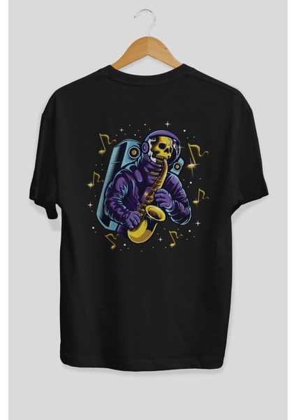 Astroskull Saxophonist Arka Baskılı Siyah Oversize T-Shirt Erkek Kadın Bisiklet Yaka fiyatları