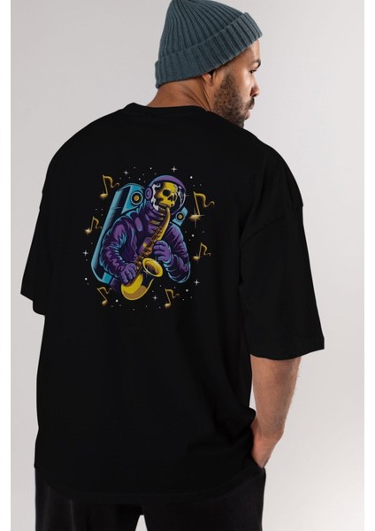 Astroskull Saxophonist Arka Baskılı Siyah Oversize T-Shirt Erkek Kadın Bisiklet Yaka fırsatları