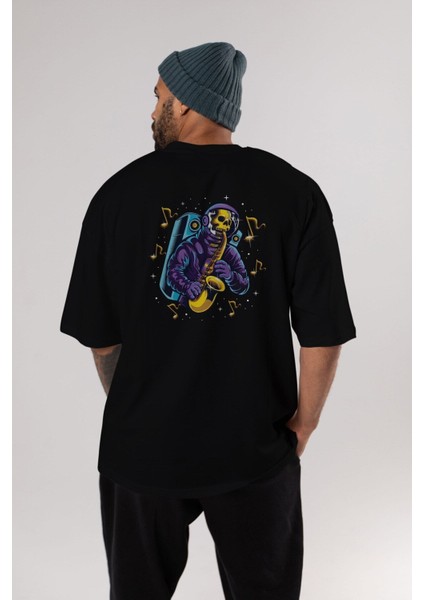 Astroskull Saxophonist Arka Baskılı Siyah Oversize T-Shirt Erkek Kadın Bisiklet Yaka indirimleri
