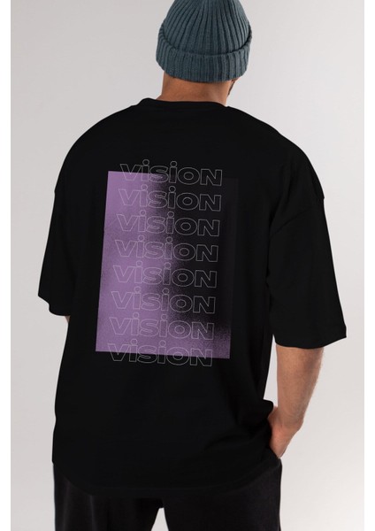 Vision Yazılı Arka Baskılı Siyah Oversize T-Shirt Erkek Kadın Bisiklet Yaka