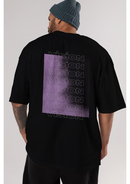 Vision Yazılı Arka Baskılı Siyah Oversize T-Shirt Erkek Kadın Bisiklet Yaka modelleri