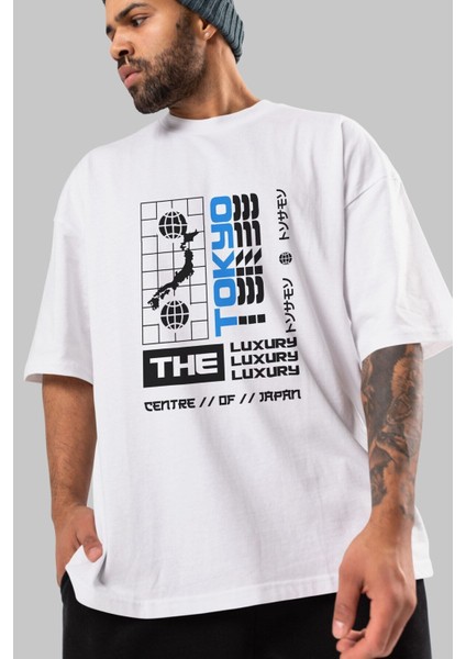 The Luxury Centre Japan Ön Baskılı Beyaz Oversize T-Shirt Erkek Kadın Bisiklet Yaka