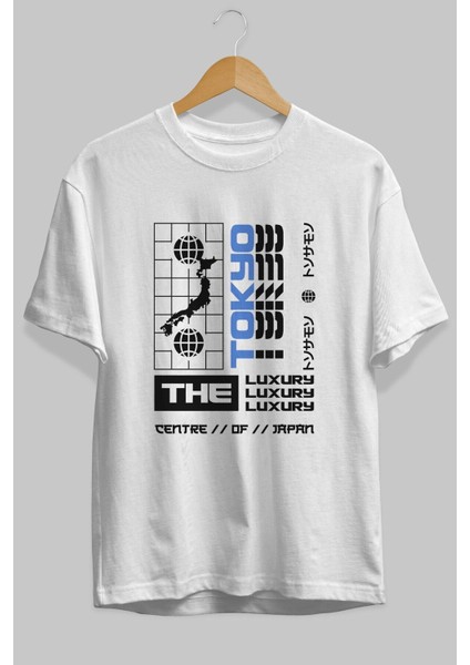The Luxury Centre Japan Ön Baskılı Beyaz Oversize T-Shirt Erkek Kadın Bisiklet Yaka modelleri