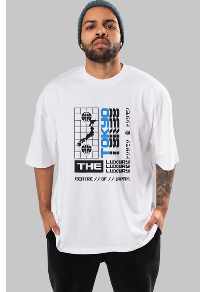 The Luxury Centre Japan Ön Baskılı Beyaz Oversize T-Shirt Erkek Kadın Bisiklet Yaka fırsatları