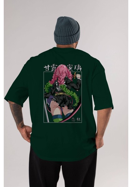Mitsuri Demonslayer Anime Arka Baskılı Zümrüt Yeşili Oversize T-Shirt Pamuk Erkek Kadın