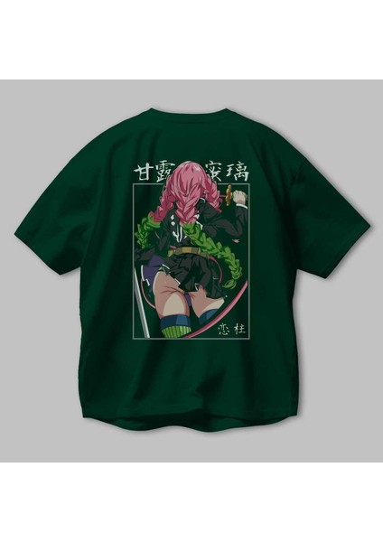 Mitsuri Demonslayer Anime Arka Baskılı Zümrüt Yeşili Oversize T-Shirt Pamuk Erkek Kadın modelleri