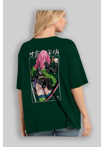 Mitsuri Demonslayer Anime Arka Baskılı Zümrüt Yeşili Oversize T-Shirt Pamuk Erkek Kadın fırsatları